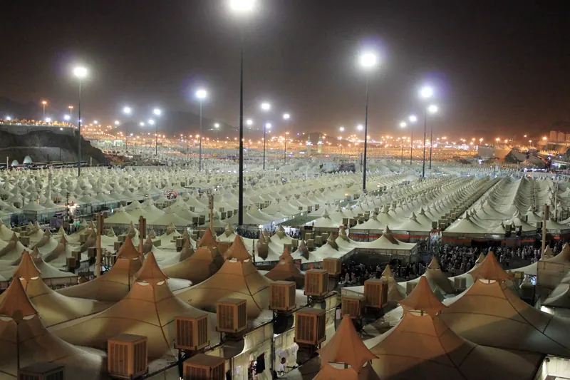The tent city of Mina at night